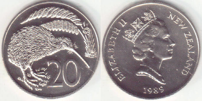 1989 New Zealand 20 Cents (chUnc) A004261
